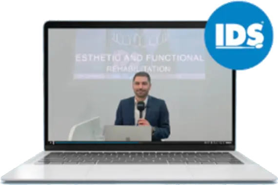 Laptop plays recording of Dr. Elio Boschetti's presentation at IDS 2025