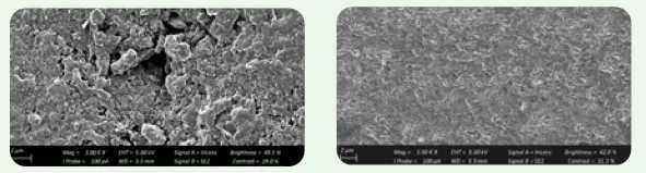 REM-Aufnahmen von VISALYS® BIOCERAMIC (rechts) im Vergleich zu einem Konkurrenzprodukt (links). 