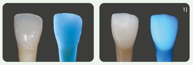 Abbildung: Transluzenz/Opaleszenz und Fluoreszenz des VISALYS BIOCERAMIC BLOCK im Vergleich zu einem natürlichen Zahn