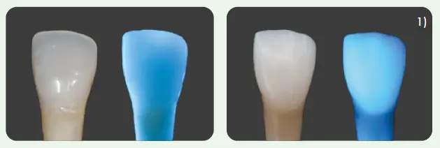 Abbildung: Transluzenz/Opaleszenz und Fluoreszenz des VISALYS® BIOCERAMIC BLOCK im Vergleich zu einem natürlichen Zahn